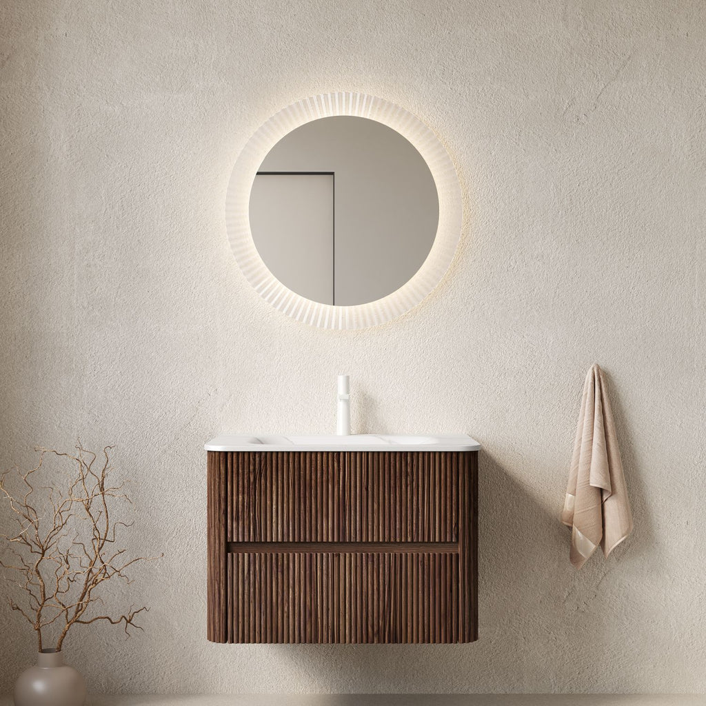 NOOR 30" Bathroom Vanity with Sink, Wall-Mounted Floating Plywood Bathroom Storage Cabinet with 2 Drawers, Carrara White Basin, NO Faucet, Pre-assembled, Retro Walnut Woodgrain Color