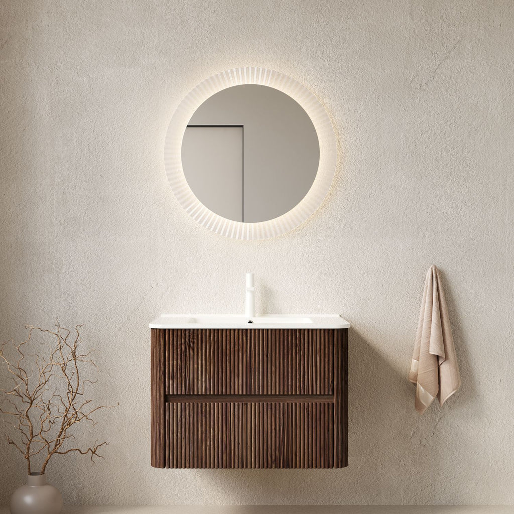 NOOR 30" Bathroom Vanity with Sink, Wall-Mounted Floating Plywood Bathroom Storage Cabinet with 2 Drawers, White Ceramic Basin, NO Faucet, Pre-assembled, Retro Walnut Woodgrain Color