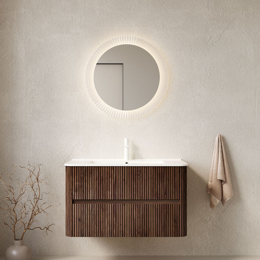 NOOR 36" Bathroom Vanity with Sink, Wall-Mounted Floating Plywood Bathroom Storage Cabinet with 2 Drawers, White Ceramic Basin, NO Faucet, Pre-assembled, Retro Walnut Woodgrain Color