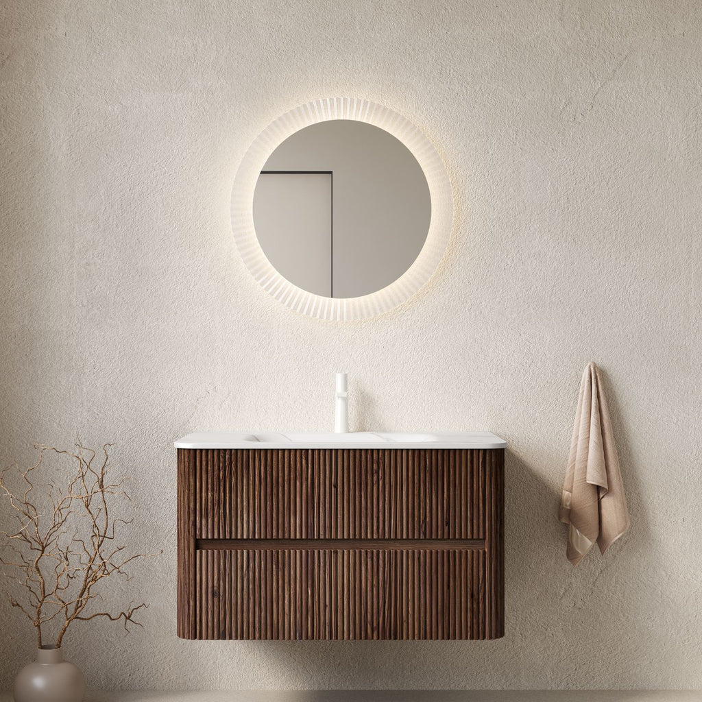 NOOR 36" Bathroom Vanity&Sink, Floating Stripe Plywood Storage Cabinet with 2 Drawers, Carrara White Sintered Stone Hot-bent Integrated Rectangle Basin, Pre-assembled, Retro Walnut Woodgrain Color