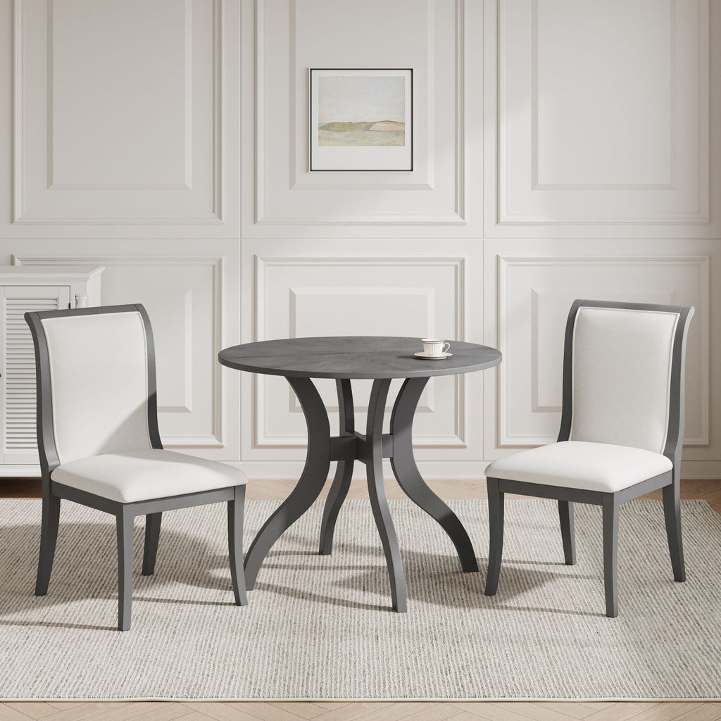Oak Gray Dining Table Set:39.4" Round Table + 2 Chairs - Traditional Solid Wood Kitchen Set with Inlaid Tabletop, Elegant Curved Legs for Dining Room