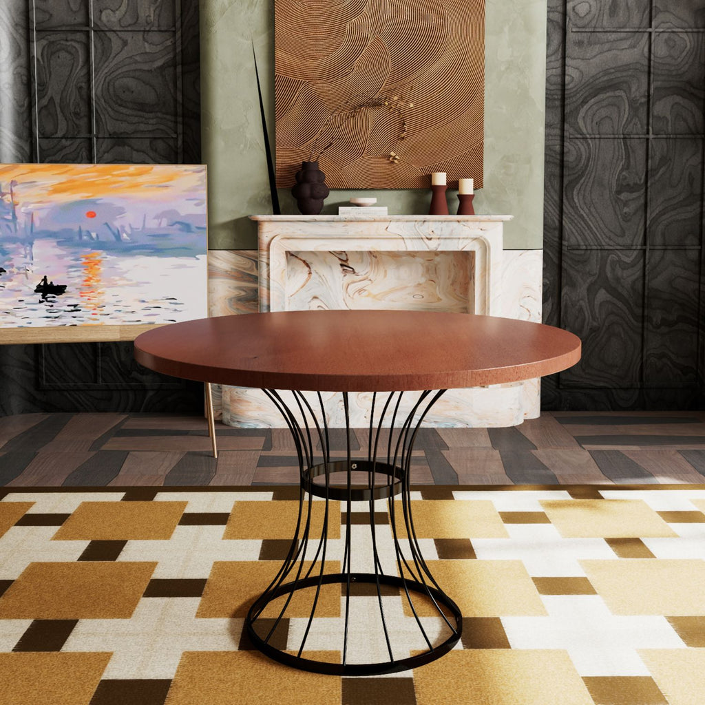 Oak Veneer 42" Round Dining Table – Solid Wood-Look Top, Heavy-Duty Wrought-Iron Pedestal Base, Compact Kitchen & Breakfast-Nook Furniture, Rustic-Modern Style