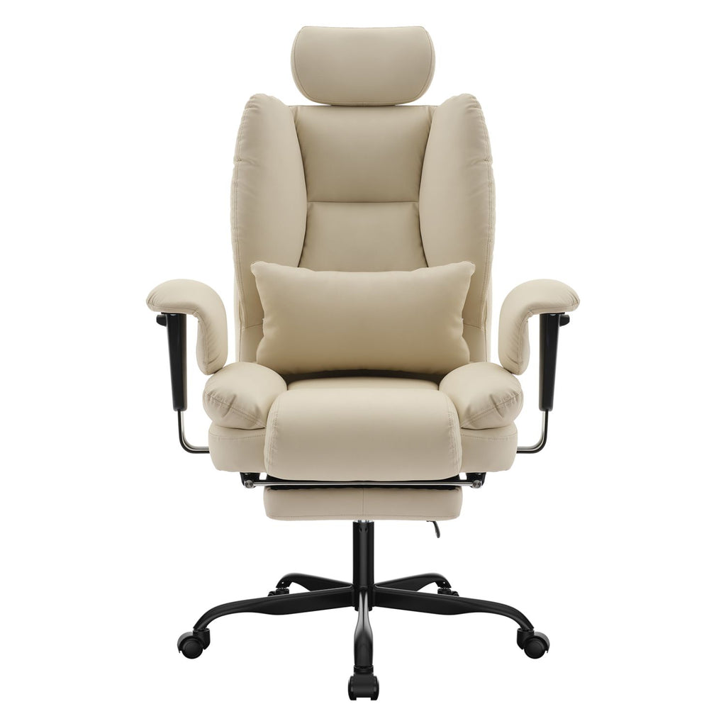 Office Chair Ergonomic 200 kg PU Leather Computer Chair with Lumbar Support and High Backrest, Ergonomic Desk Chair with Liftable Headrest, Beige