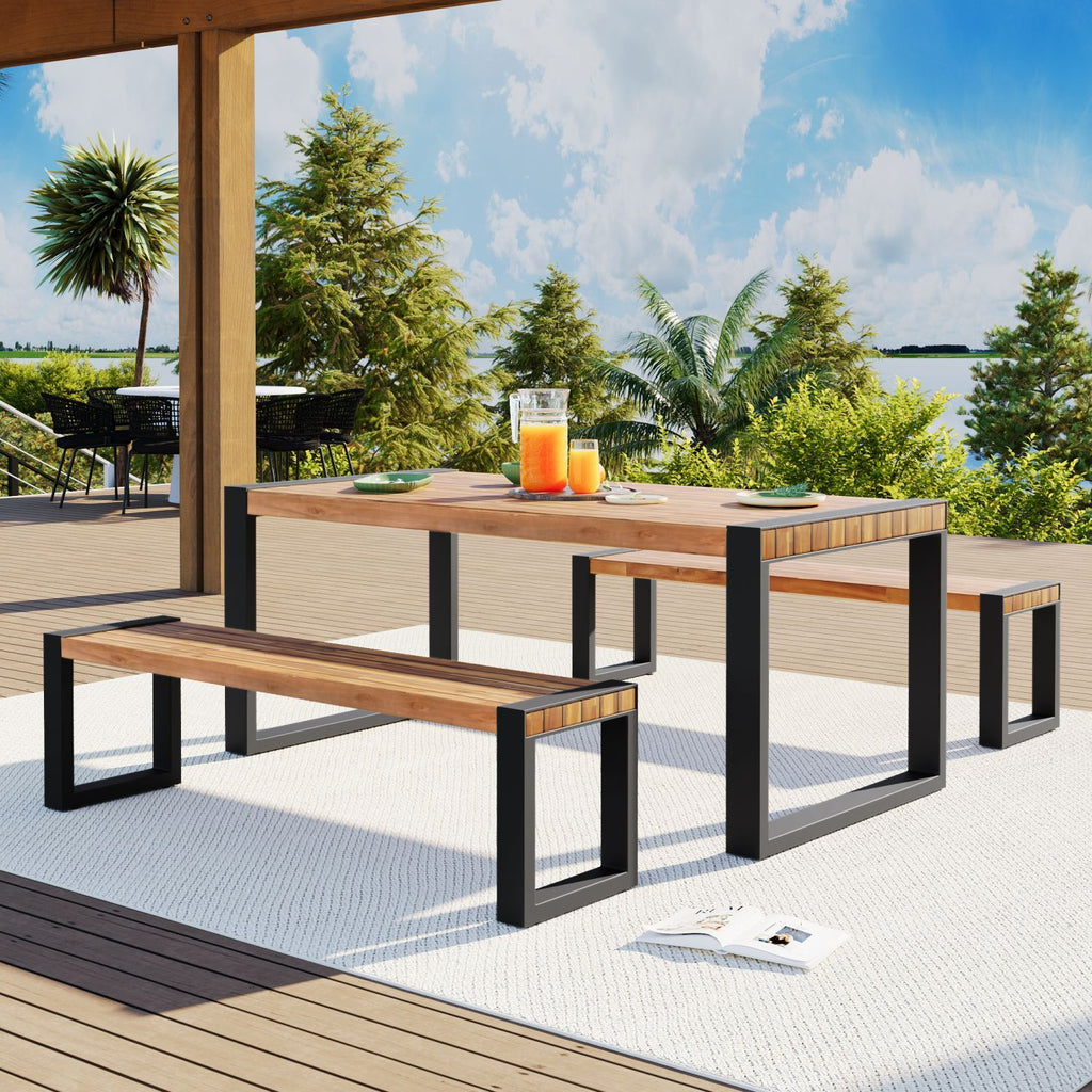 <Old SKU: FG201232AAA> GO 3-pieces Outdoor Dining Table With 2 Benches, Patio Dining Set With Unique Top Texture, Acacia Wood Top & Steel Frame, All Weather Use, For Outdoor & Indoor, Natural