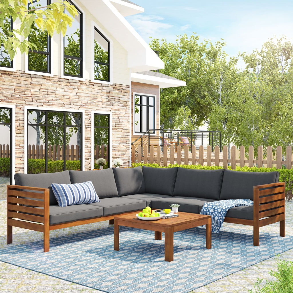 <Old SKU: FV201207AAE> Wood Structure Outdoor Sofa Set with gray Cushions Exotic design Water-resistant and UV Protected texture High quality acacia wood Strong Metal Accessorie