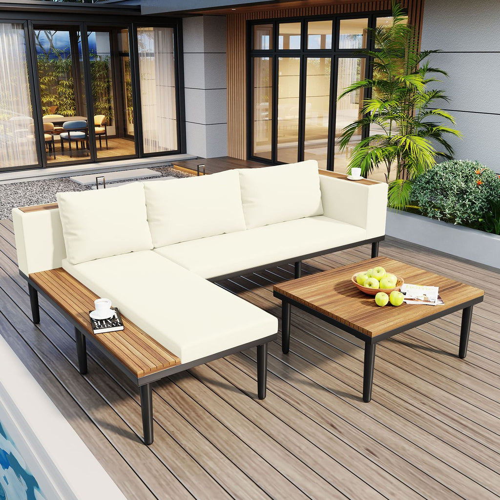 <Old SKU: N704G201251A>Luxury Patio Furniture Set with Removable Cushions and Coffee Table, L-Shaped Acacia Wood Sofa with Side table, Outdoor Conversation Sectional Sofa for Backyard, Porch, Beige