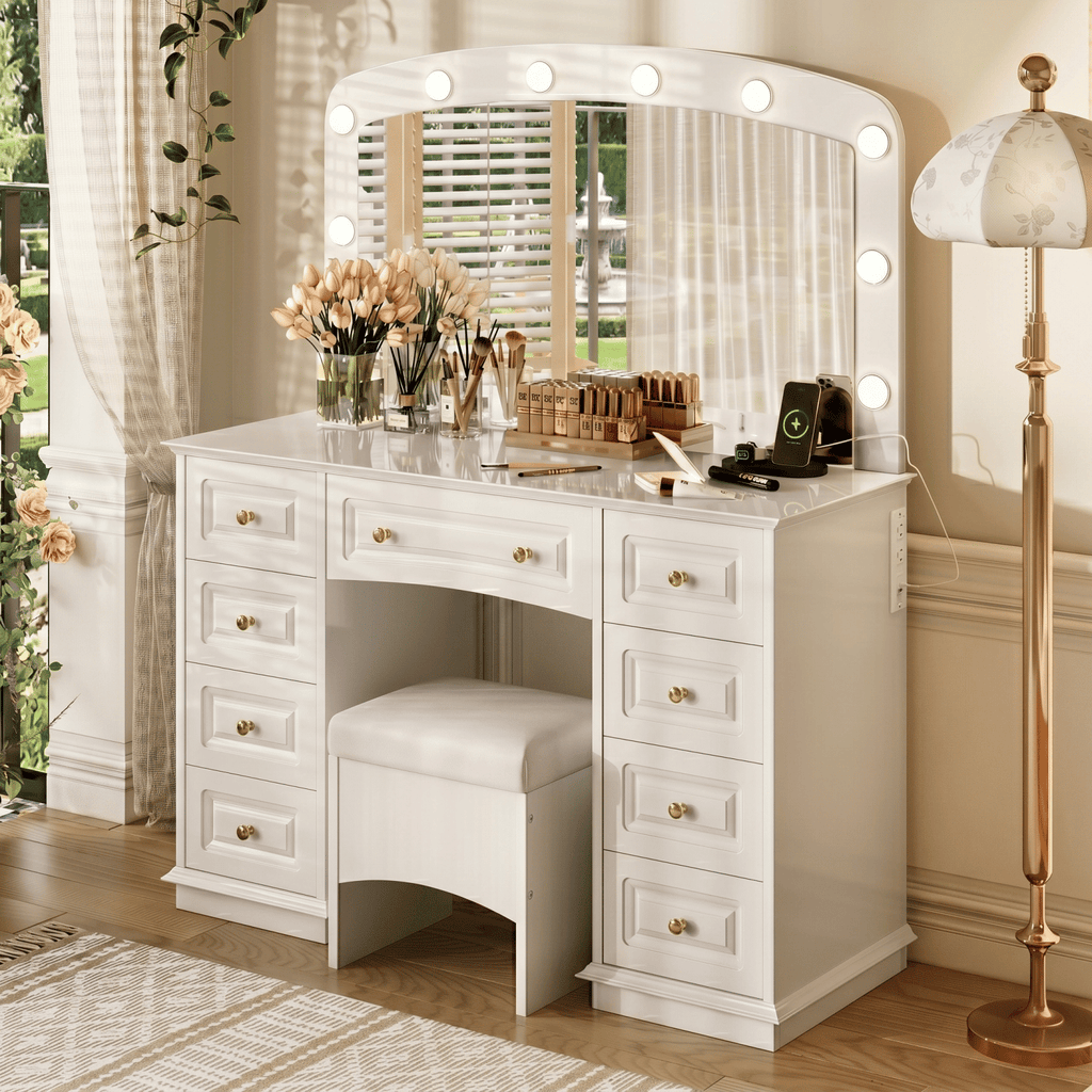 <Old SKU: N704P328549A>Luxurious Makeup Vanity with 10 Hollywood Bulbs, 3 Color Lighting Modes, Classic Dressing Table with Cushioned Stool and 9 Storage Drawers for Bedroom, White