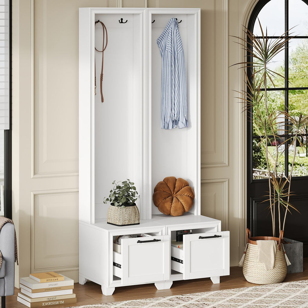 ON-TREND Elegant Free Standing Hall Tree Set of 2, Multifunctional 3-IN-1 Entryway Coat Rack with Black Retro Handles, Seating Bench with Storage Drawers for Hallway, Living Room, White, 31.4"W*70.8"H
