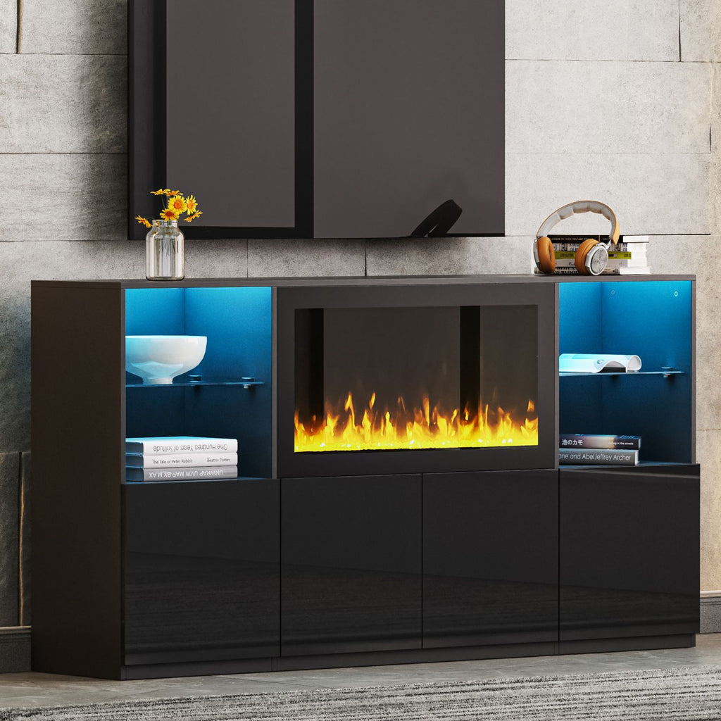 ON-TREND High Gloss TV Stand with 34.2" Non-heating Electric Fireplace, Modern Entertainment Center with LED Light, Media Console with Tempered Glass Shelves for TVs up to 75", Living Room, Black
