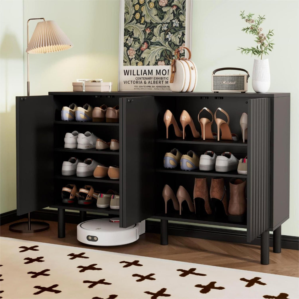 ON-TREND Minimalist Shoe Cabinet with 5 Solid Wood Legs, Cream Style Sideboard Buffet Cabinet with Fluted Doors, Large 4-Door Storage Cabinet with Adjustable Shelves for Living Room, Black, 55.1*13.7"