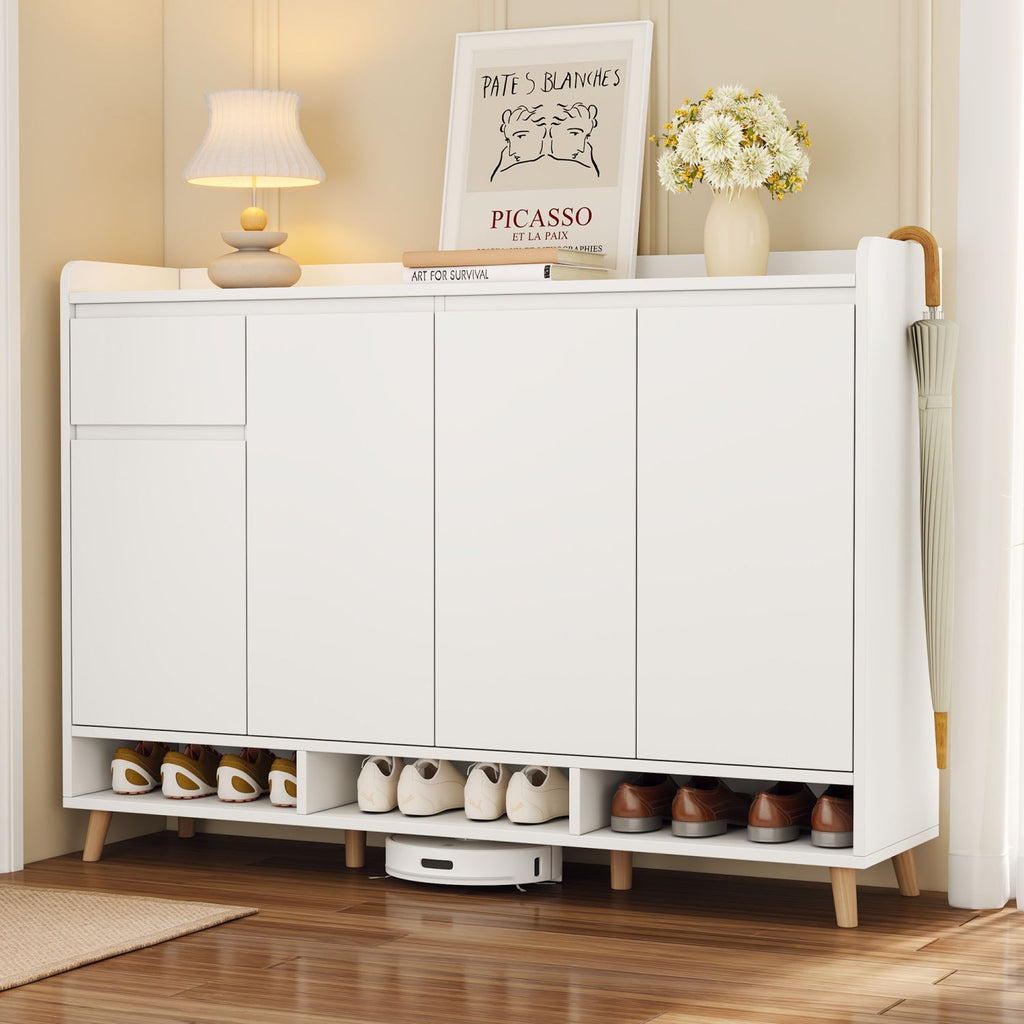 ON-TREND Sleek and Contemporary Shoe Cabinet with Adjustable Shelves, Minimalist Home Organizer with Solid Wood Legs, Storage Sideboard for Entryway, Living Room, White