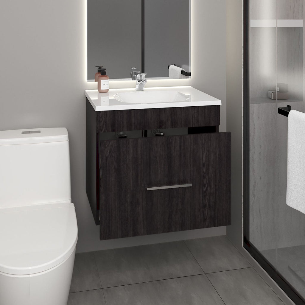One door Batroom Vanity Hatta, Two Drawers and Open Shelf, Includes Hardware, Black