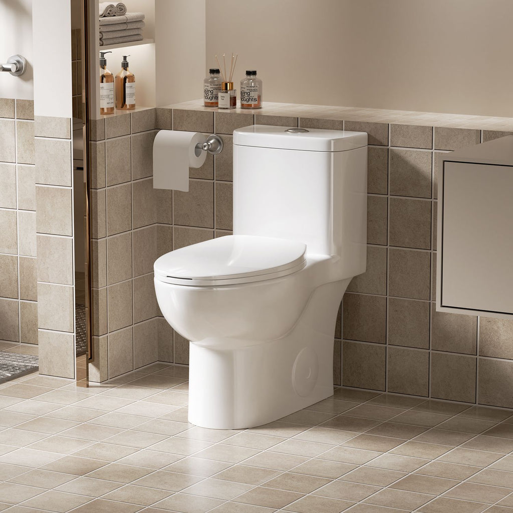 One Piece Toilet with Comfort Chair Seat ADA Height 17", Powerful Dual Flush Modern Toilet, 1.1/1.6 GPF, 12" Rough-In,Rimless Bowl with Soft Closing Seat,Gloss White GW-006