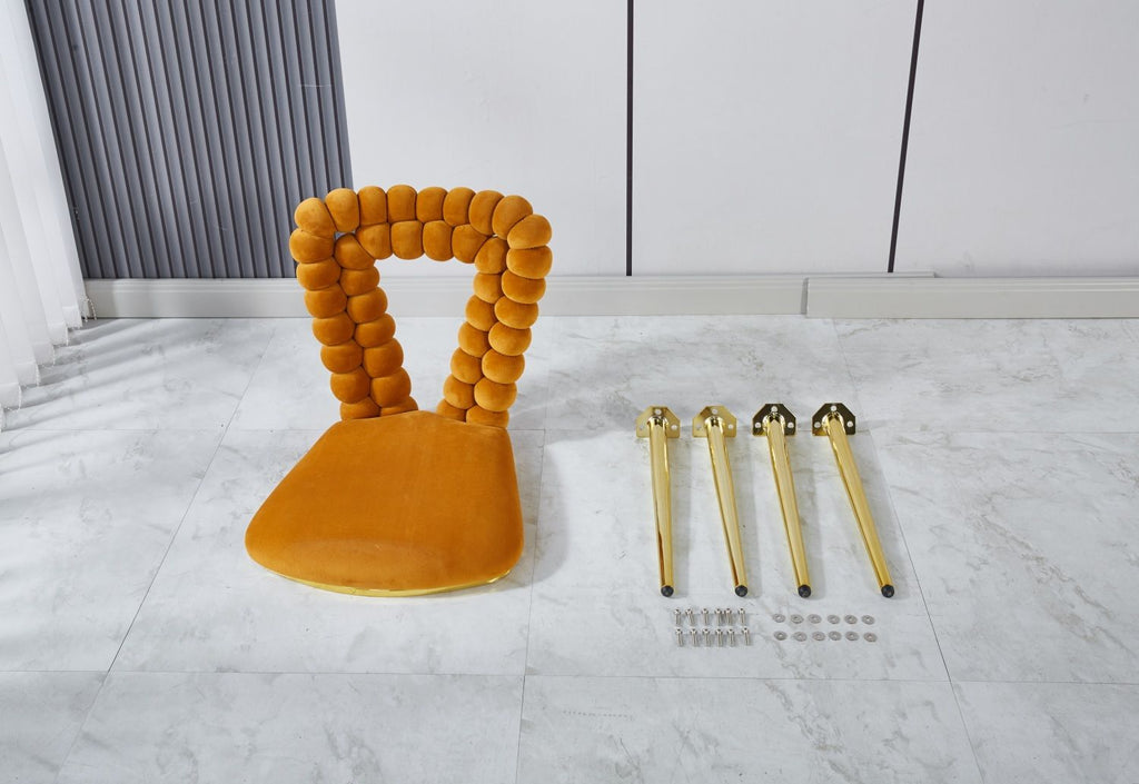 orange and gold Modern chair(set of 2 ) with iron tube legs, soft cushions and comfortable backrest, suitable for dining room, living room, cafe,hairball back