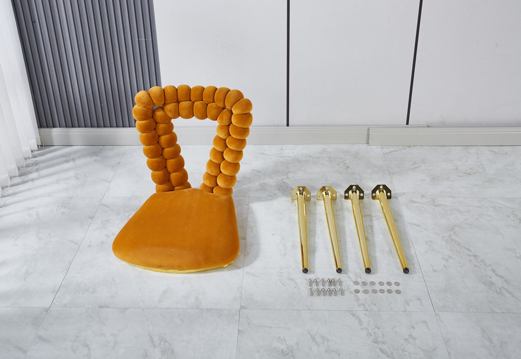 orange and gold Modern chair(set of 2 ) with iron tube legs, soft cushions and comfortable backrest, suitable for dining room, living room, cafe,hairball back