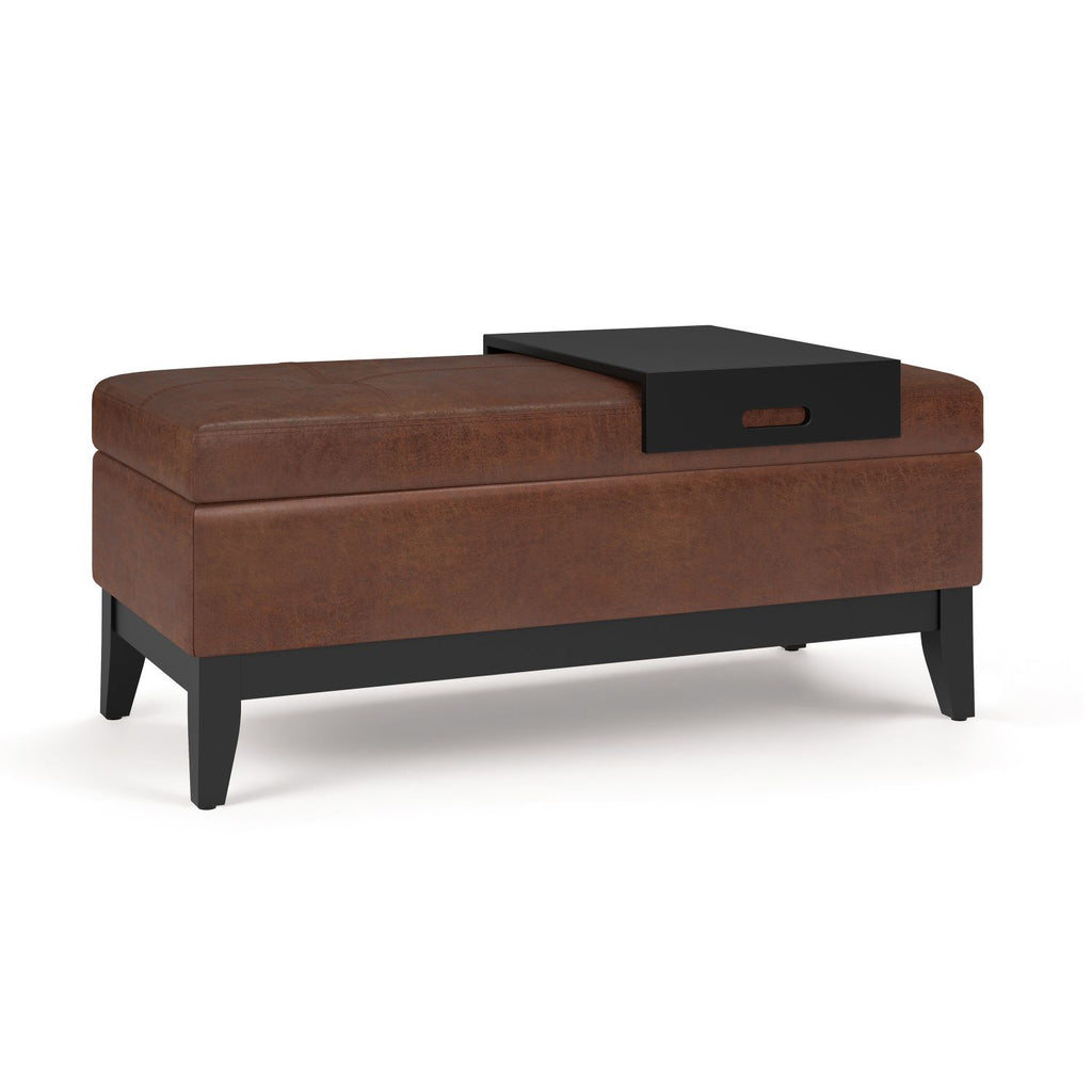 Oregon - Storage Ottoman Bench with Tray - Distressed Saddle Brown