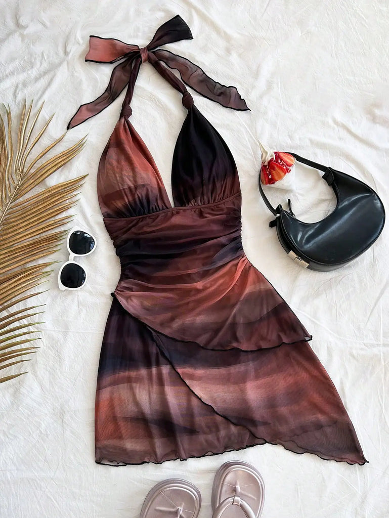 Gauze Printed Neck Sleeveless Sexy Tight Deep V Short Backless Dress