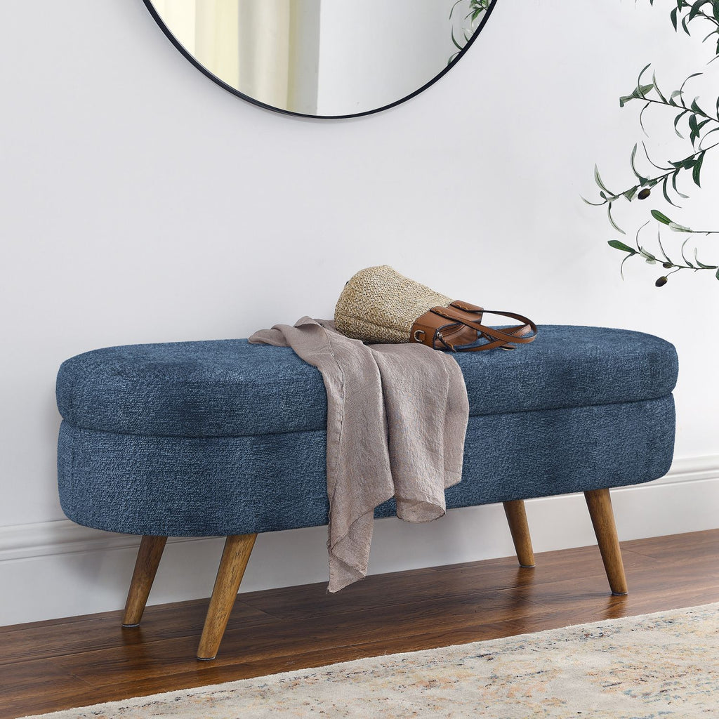Ottoman Oval Storage Bench,Rubber Wood Legs, Gray (43.5"x16"x16")Dark Blue