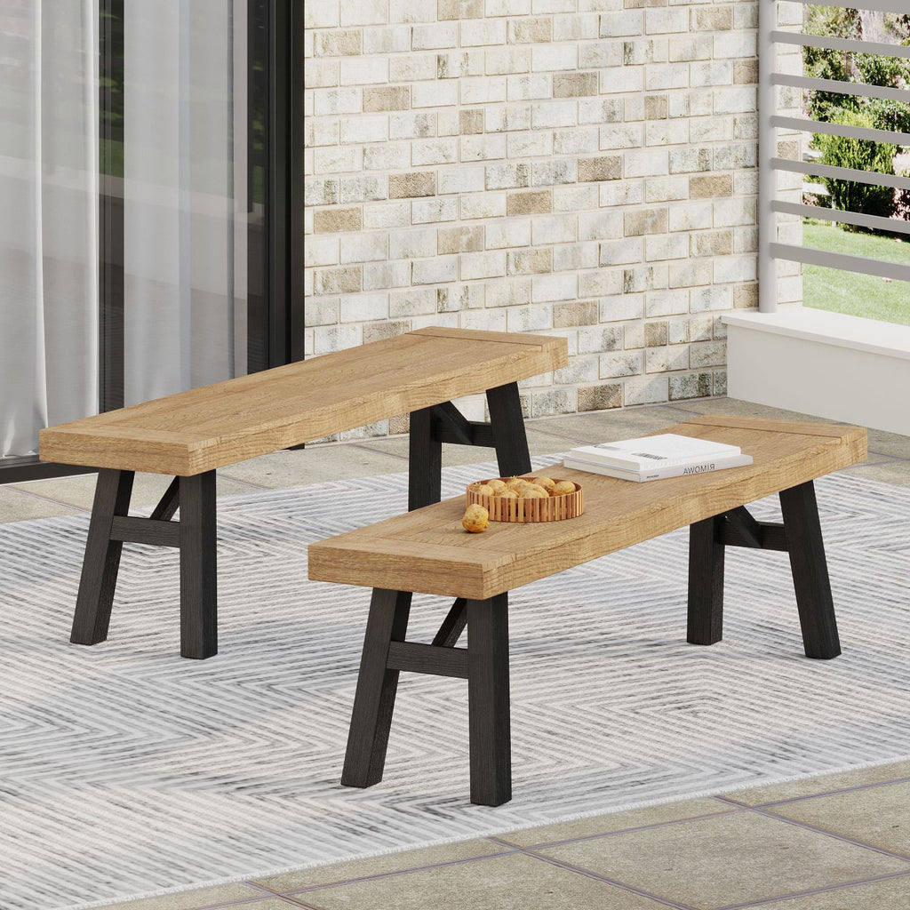 Outdoor Bench with Slat Panel Design and Acacia Wood Frame(Set of 2), Natural and Grey