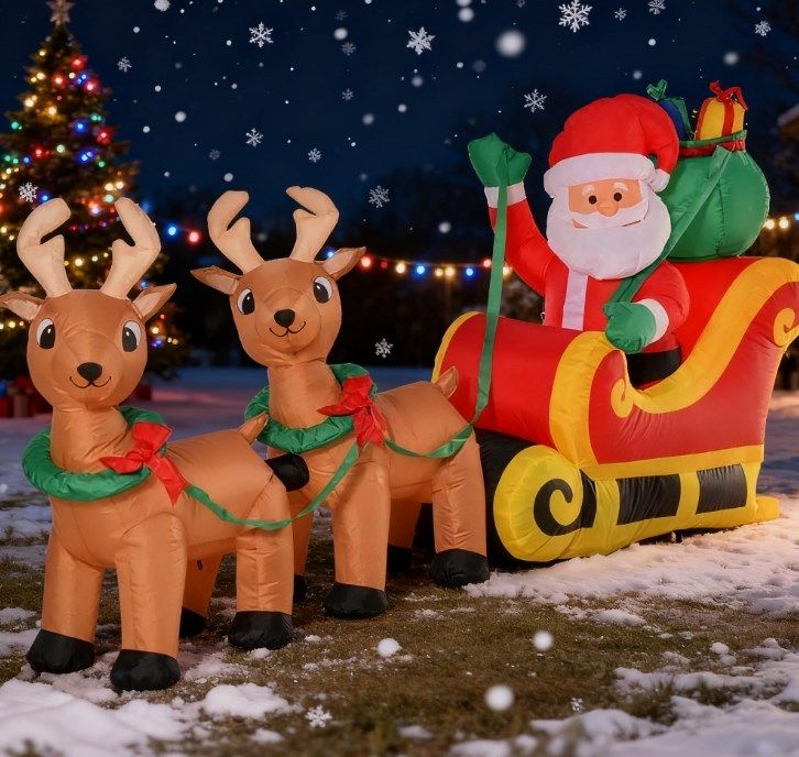 Outdoor Blow-Up Yard Decoration with LED Lights Display,Long Christmas Inflatable Santa Claus with Sleigh and Reindeer