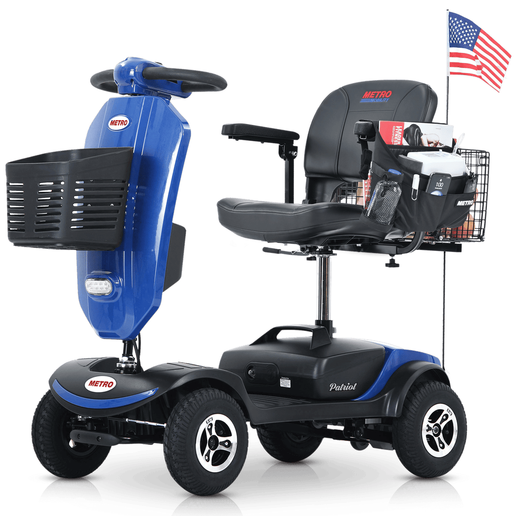 Outdoor compact mobility scooter with windshield ,300W Motor, Travel - Long Range Power Extended Battery with Cup holders , Storage Bag, Rear Basket & USB charger port, BLUE