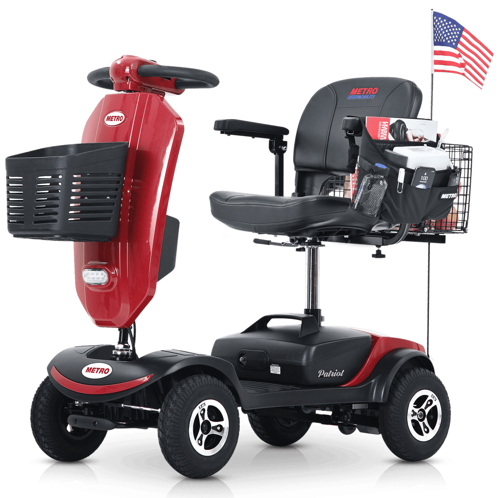Outdoor compact mobility scooter with windshield ,300W Motor, Travel - Long Range Power Extended Battery with Cup holders , Storage Bag, Rear Basket & USB charger port,RED