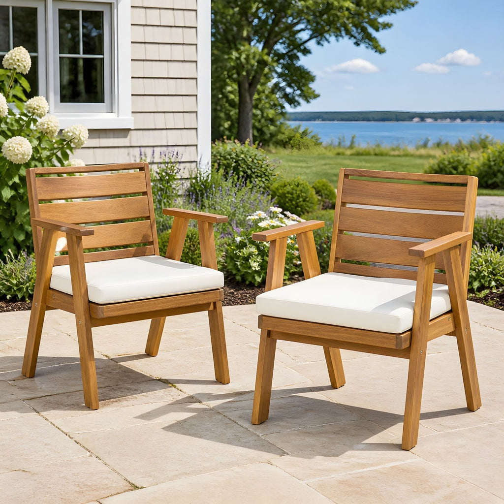 Outdoor Dining Chairs Set of 2, Acacia Wood Patio Chairs with Beige Washable Cushion,for Backyard, Poolside, Garden,Teak