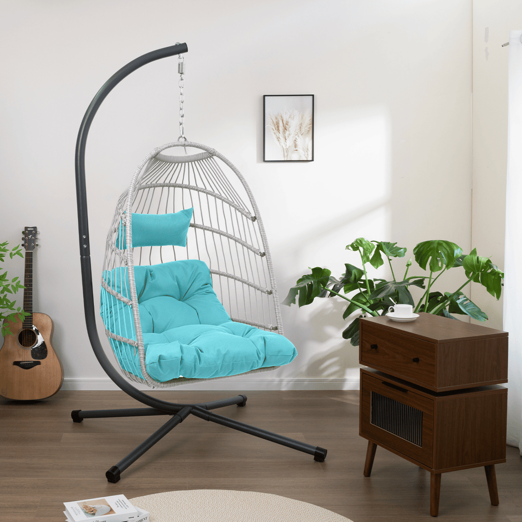 Outdoor Egg Hanging Chair with Stand, Patio Wicker Swing Egg Chair Indoor Swinging Chair Outdoor Hammock Egg Chair BLUE