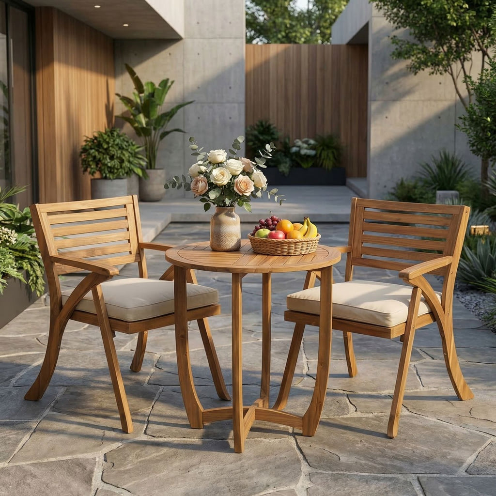 Outdoor Hermosa 3 Pieces KD Wood Dining Set With Cushions,Teak Finish