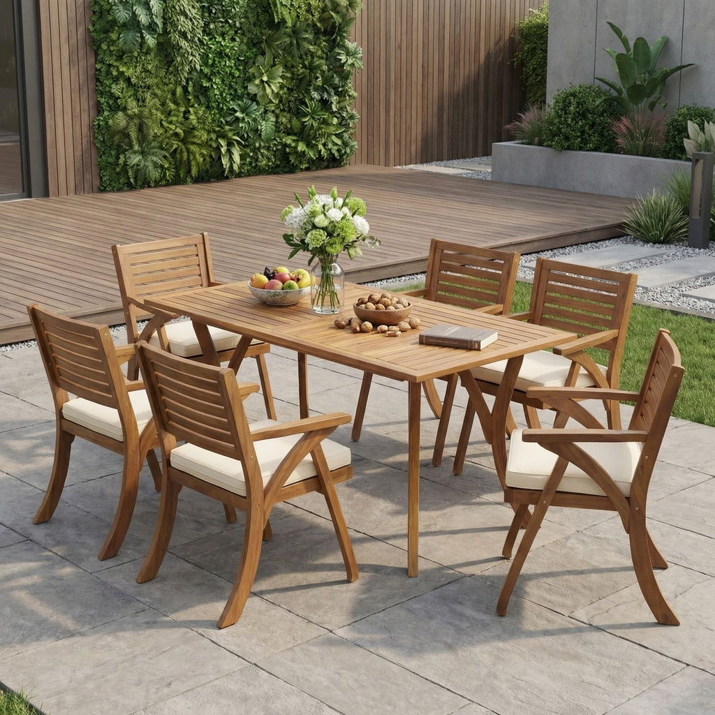 OUTDOOR HERMOSA 7 PIECE WOOD DINING SET WITH CUSHIONS,TEAK