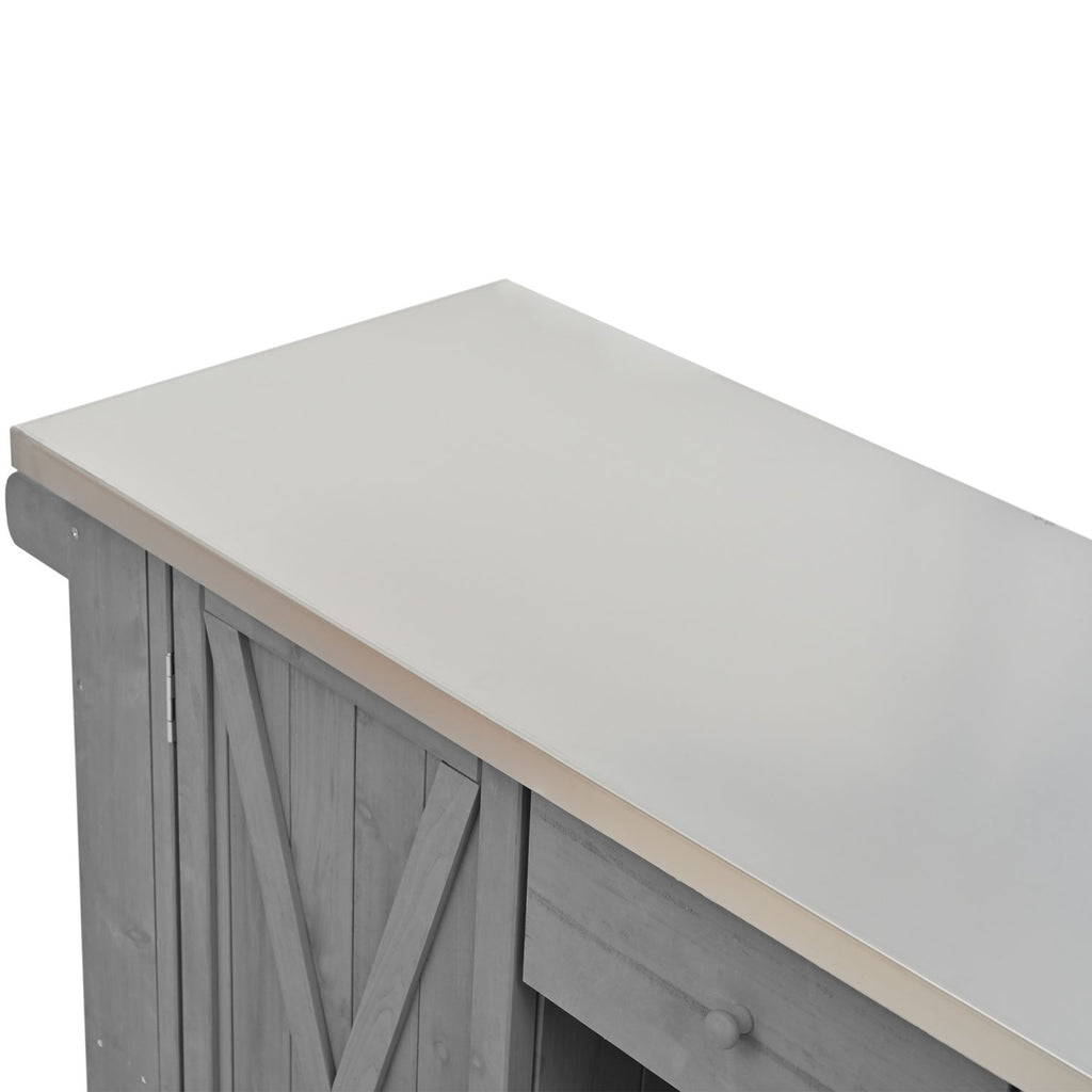 Outdoor Kitchen Island Fir Wood Kitchen Island with Stainless Steel Top, Ample Storage Space, Towel and Spice Racks and a Bottle Opener for Outdoor, Grey