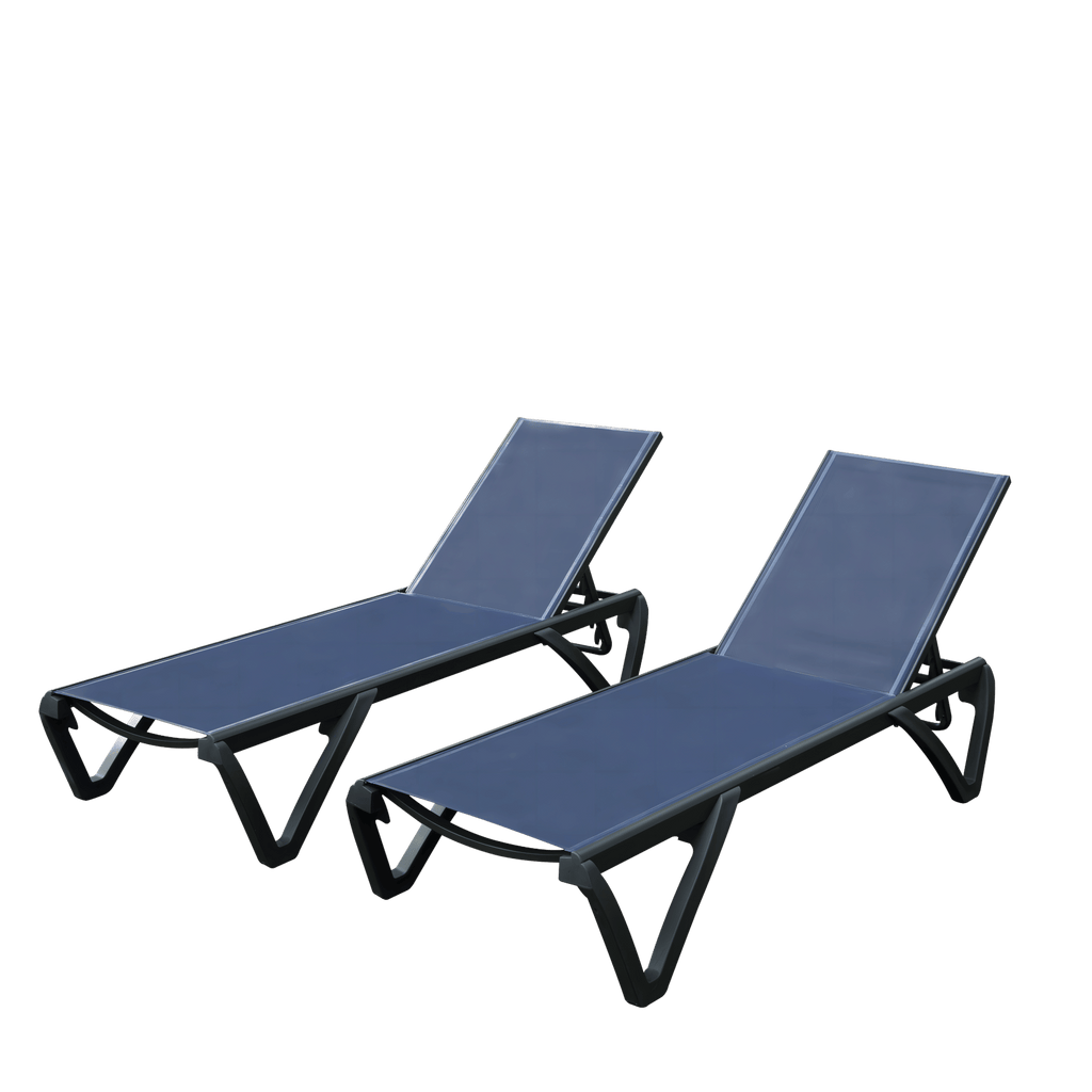 Outdoor Lounge Chair, 2 Pieces Aluminum Plastic Patio Chaise Lounge with 5 Position Adjustable Backrest and Wheels, All Weather Reclining Chair for Patio, Navy Blue