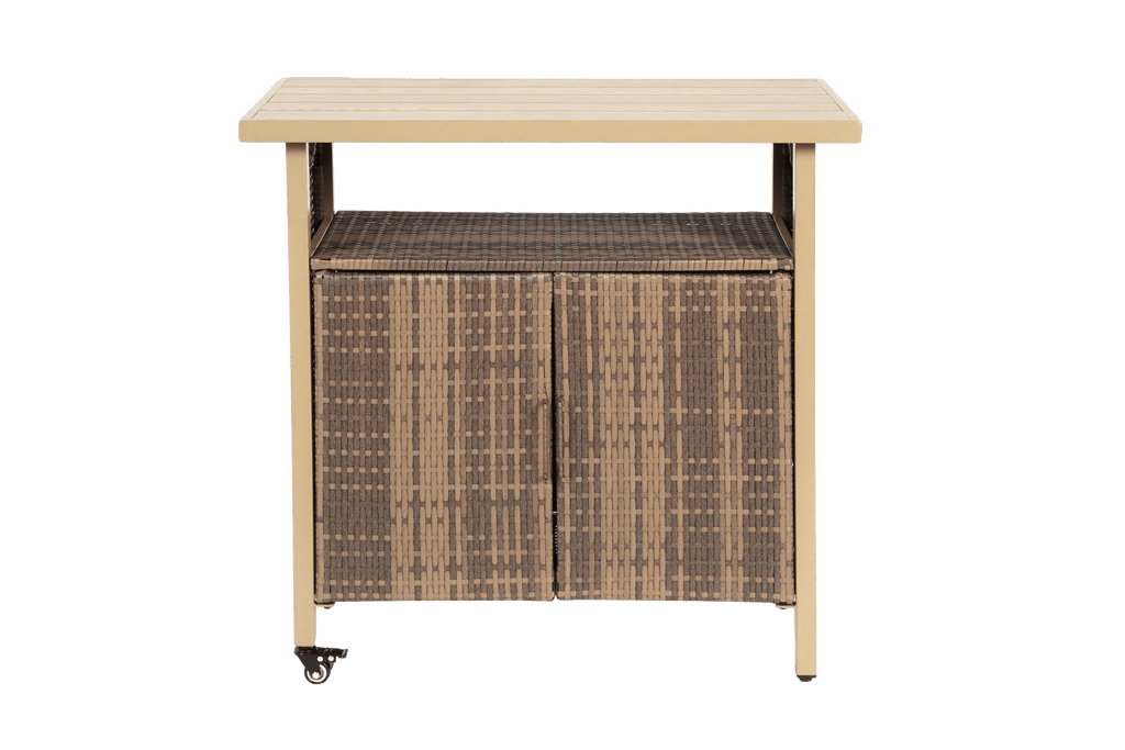 Outdoor Wicker Bar Cart, Patio Wine Serving Cart w/Wheels , Rolling Rattan Beverage Bar Counter Table w/Glass Top for Porch Backyard Garden Poolside Party, Light brown
