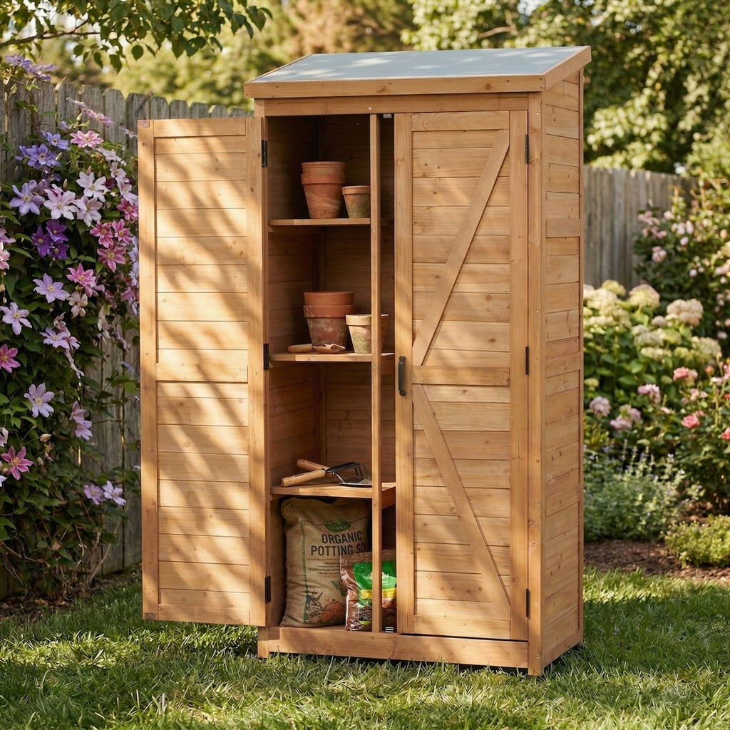 Outdoor Wooden Storage Shed with Metal Top Tall Vertical Tool Cabinet for Backyard Garden Patio Lawn
