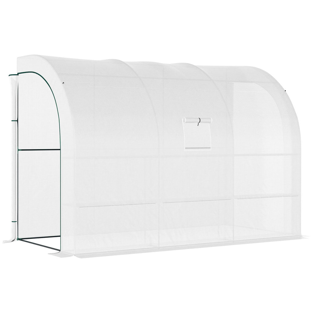 Outsunny 10' x 5' x 7' Lean to Greenhouse, Walk-In Green House, Plant Nursery with 2 Roll-up Doors and Windows, PE Cover and 3 Wire Shelves, White