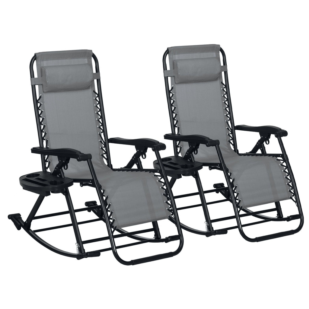 Outsunny 2 Pieces Outdoor Rocking Chairs, Foldable Reclining Zero Gravity Lounge Rocker with Pillow, Cup & Phone Holder, Combo Design with Folding Legs, Gray