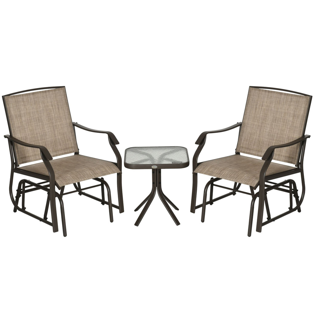 Outsunny 3 Piece Outdoor Glider Chair with Coffee Table Bistro Set, 2 Patio Rocking Swing Chairs with Breathable Sling Fabric, Glass Tabletop, for Backyard, Garden and Porch, Mixed Brown