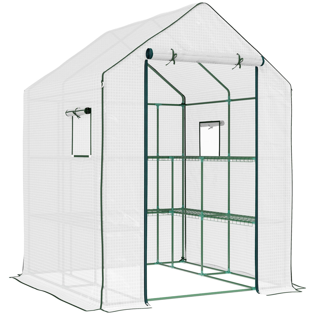 Outsunny 4.6' x 4.7' Portable Greenhouse, Water/UV Resistant Walk-In Small Outdoor Greenhouse with 2 Tier U-Shaped Flower Rack Shelves, Roll Up Door & Windows, White
