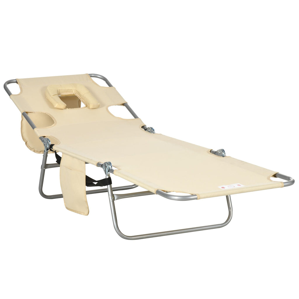 Outsunny Folding Beach Lounge Chair with Face Hole and Arm Slots, 5-level Adjustable Sun Lounger Tanning Chair with Pillow for Patio, Garden, Beach, Pool, Beige