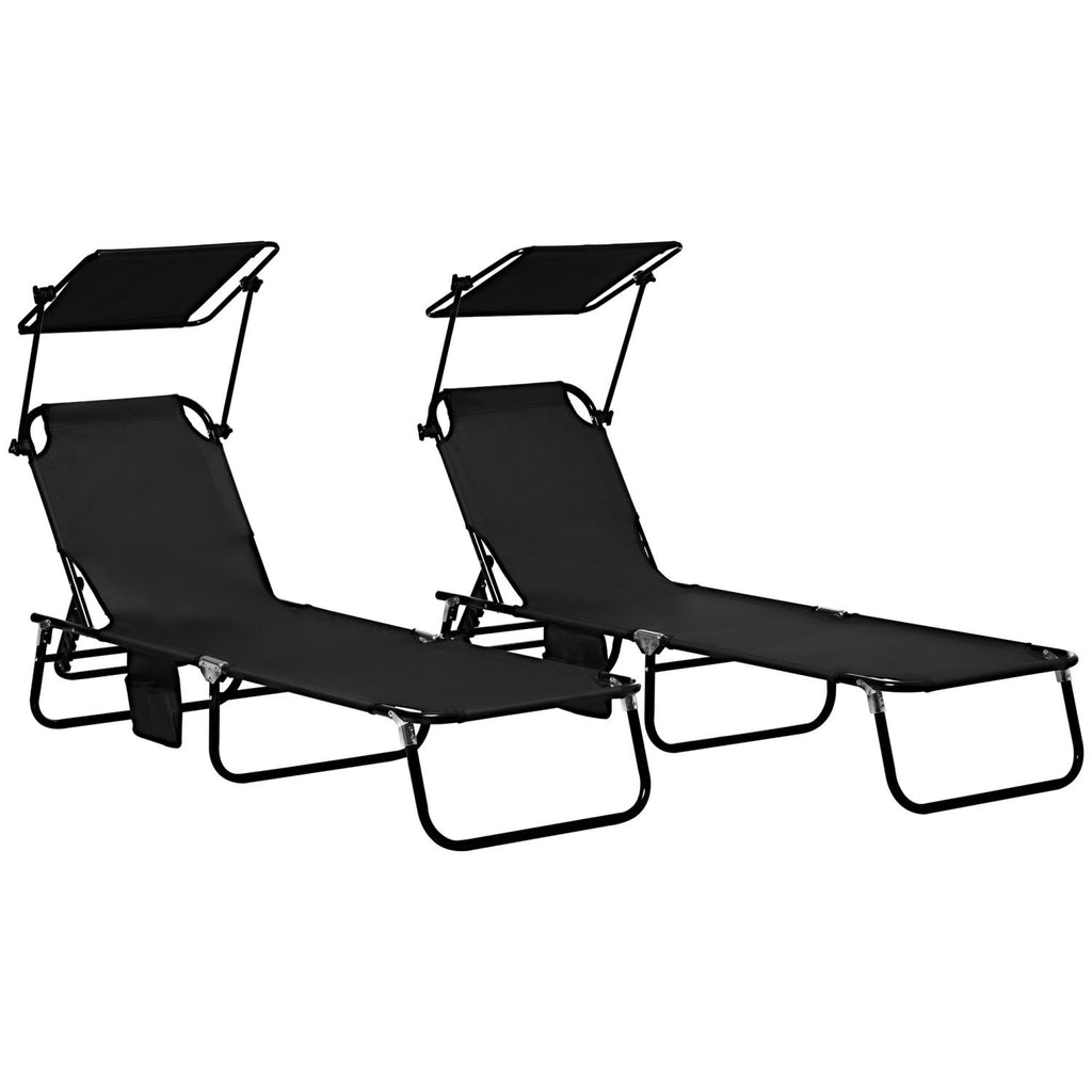 Outsunny Folding Chaise Lounge Pool Chairs, Outdoor Sun Tanning Chairs with Canopy Shade, Reclining Back, Steel Frame and Side Pocket for Beach, Yard, Patio, Black