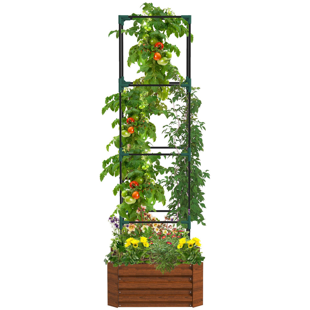 Outsunny Galvanized Raised Garden Bed, 24" x 24" x 11.75" Outdoor Planter Box with Trellis Tomato Cage and Open Bottom for Climbing Vines, Vegetables, Flowers in Backyard, Garden, Patio, Brown
