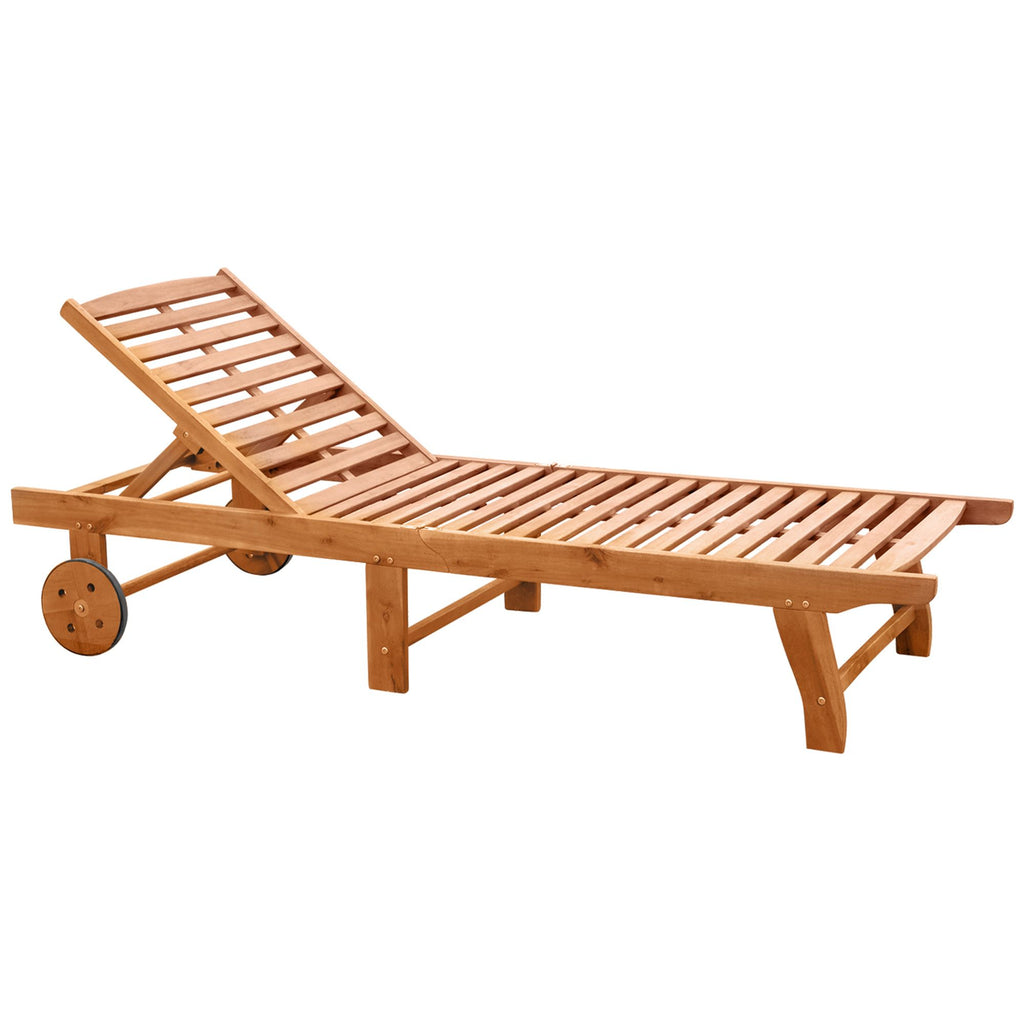 Outsunny Outdoor Folding Chaise Lounge Chair Recliner with Wheels, Acacia Wood Frame - Teak Color