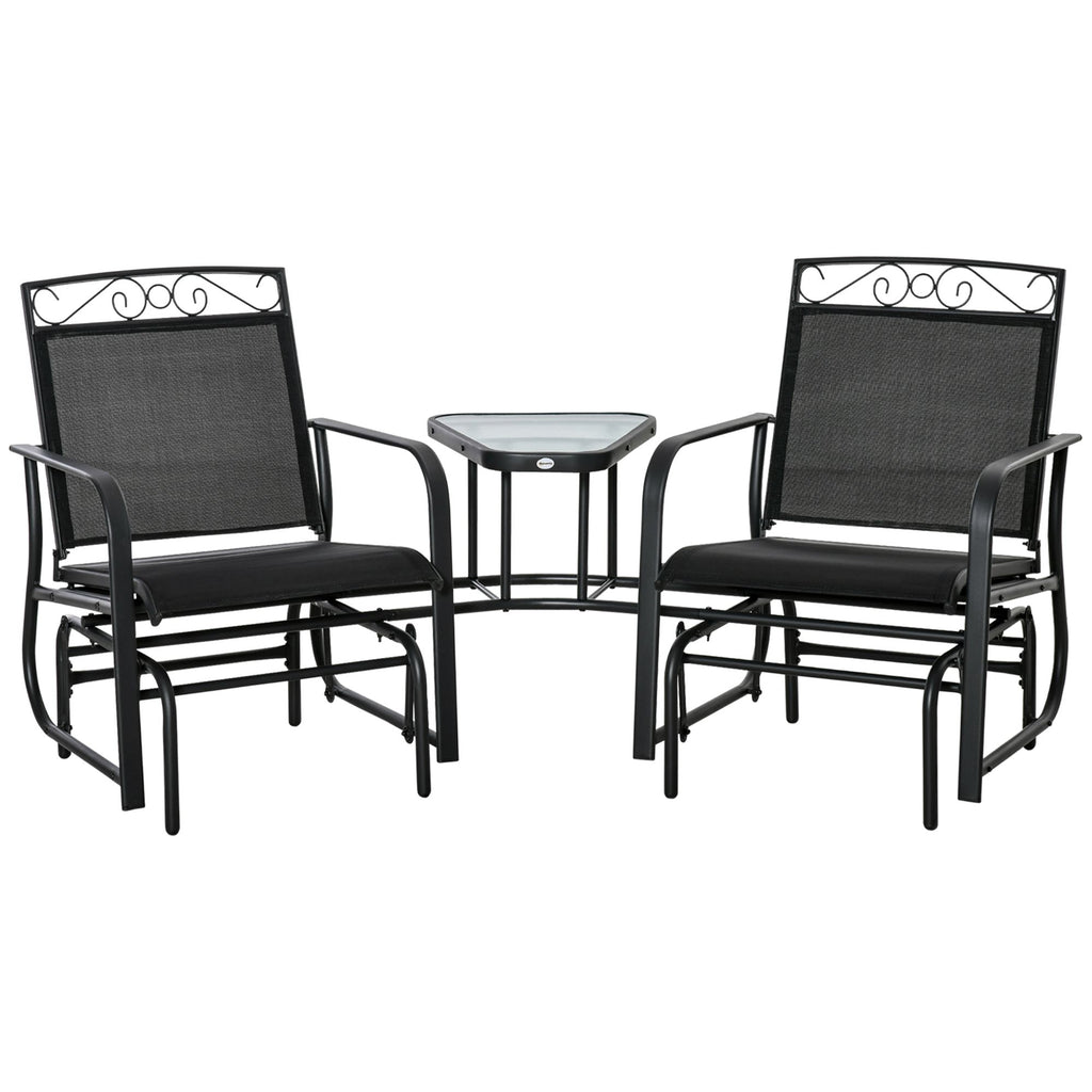 Outsunny Outdoor Glider Chairs with Coffee Table, Patio 2-Seat Rocking Chair Swing with Breathable Sling for Backyard, Garden and Porch, Black