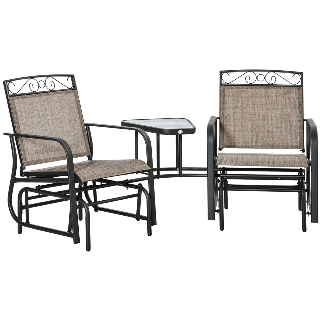 Outsunny Outdoor Glider Chairs with Coffee Table, Patio 2-Seat Rocking Chair Swing with Breathable Sling for Backyard, Garden and Porch, Brown