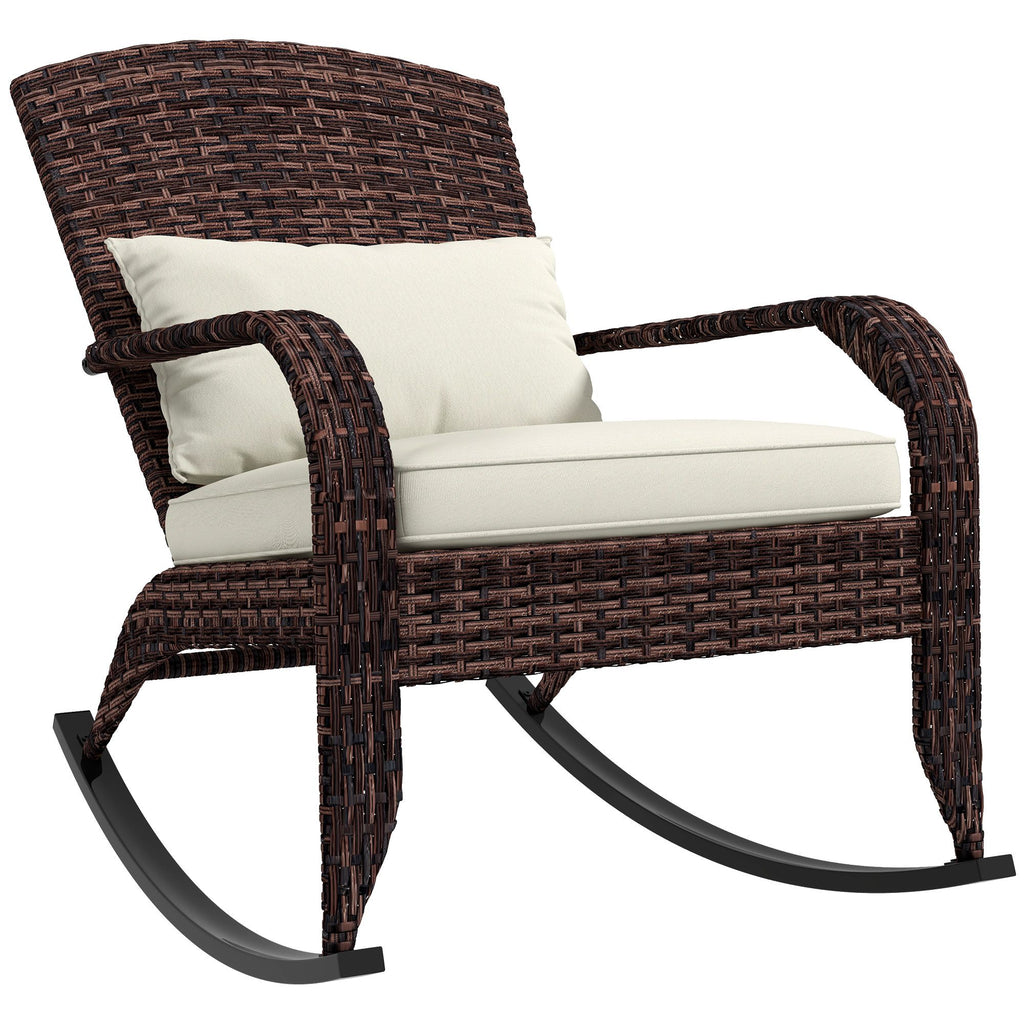 Outsunny Outdoor Wicker Adirondack Rocking Chair, Patio Rattan Rocker Chair with High Back, Seat Cushion, and Pillow for Garden, Porch, Balcony, Cream White