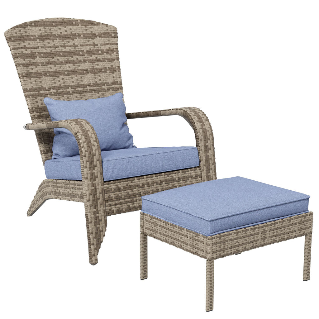 Outsunny Patio Wicker Adirondack Chair with Ottoman, Outdoor Fire Pit Chair with Cushions, High-Back, Large Seat & Armrests for Deck, Garden & Backyard, Gray
