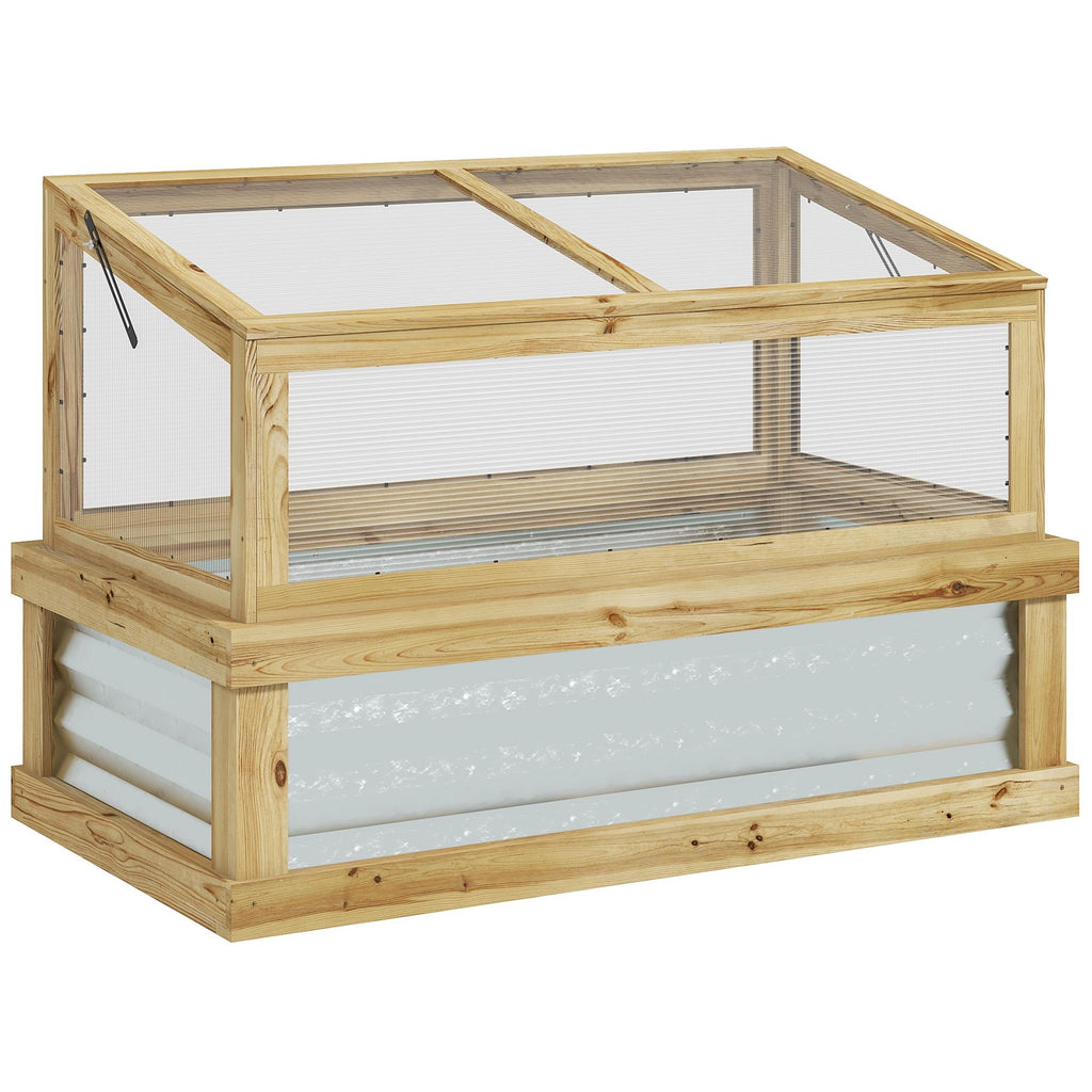 Outsunny Raised Garden Bed with Polycarbonate Greenhouse, Lean-to Garden Wooden Cold Frame Greenhouse Flower Planter Protection, Lean to Roof, 41" x 22.5" x 28.25", Natural