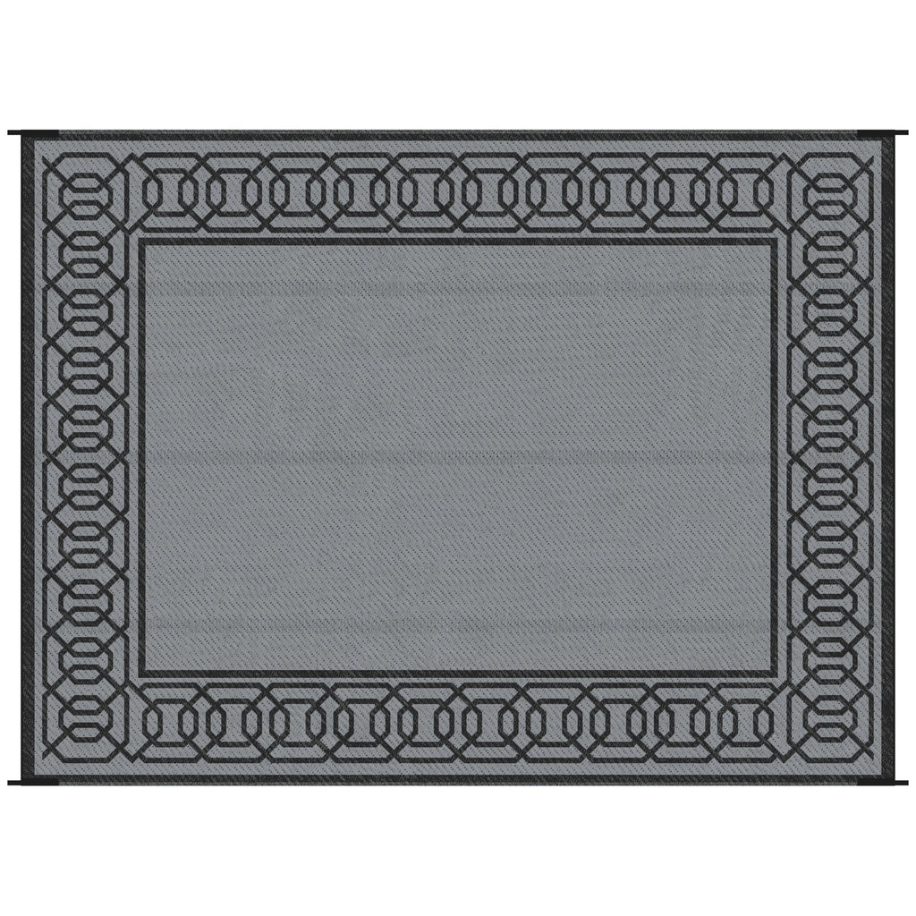 Outsunny Reversible Outdoor Rug, 9' x 12' Waterproof Plastic Straw Floor Mat, Portable RV Camping Carpet, Large Floor Mat for Backyard, Deck, Picnic, Beach, Black & Gray Border