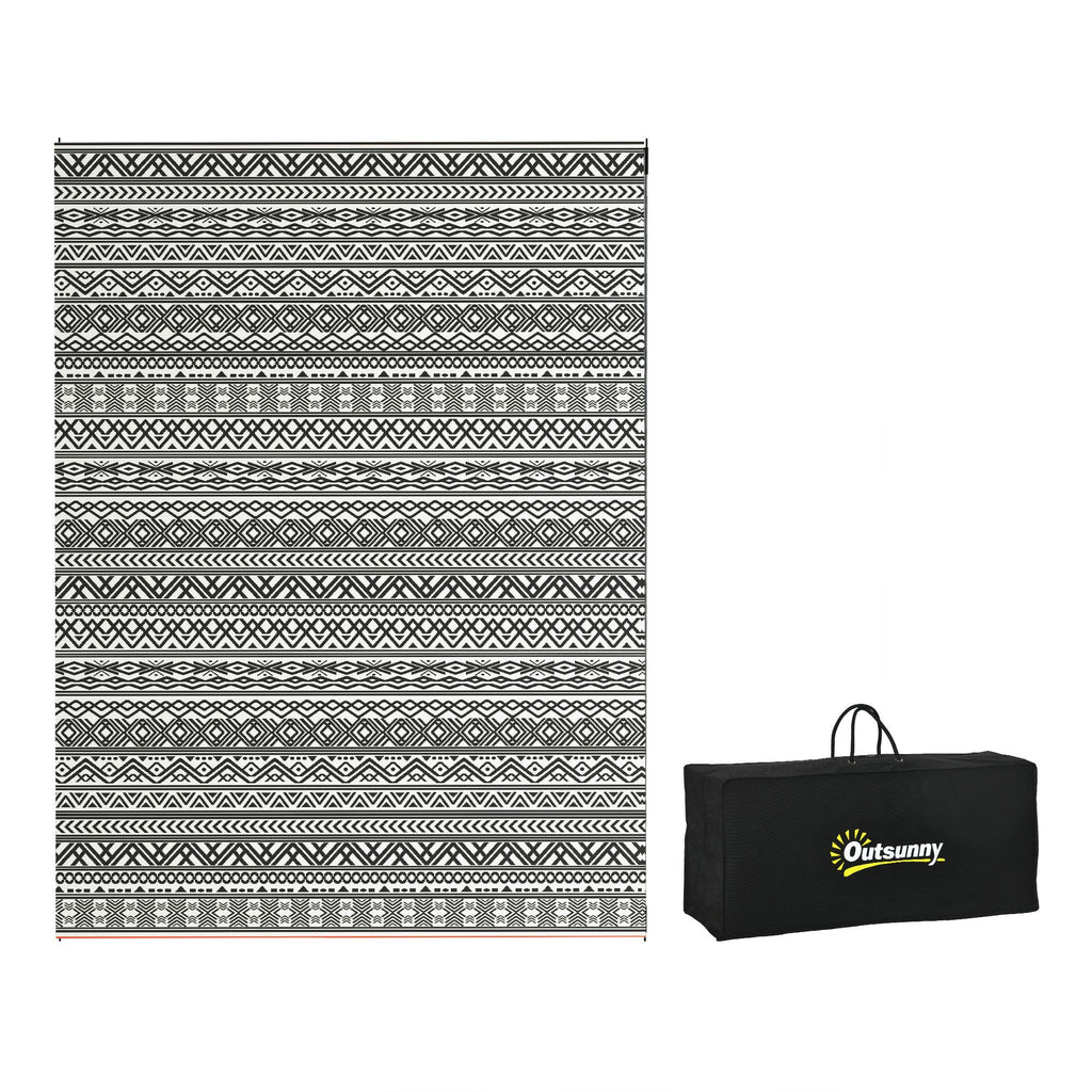 Outsunny Reversible Outdoor Rug, 9' x 12' Waterproof Plastic Straw Floor Mat, Portable RV Camping Carpet with Carry Bag, Large Floor Mat for Backyard, Deck, Picnic, Beach, Gray & Cream White Boho