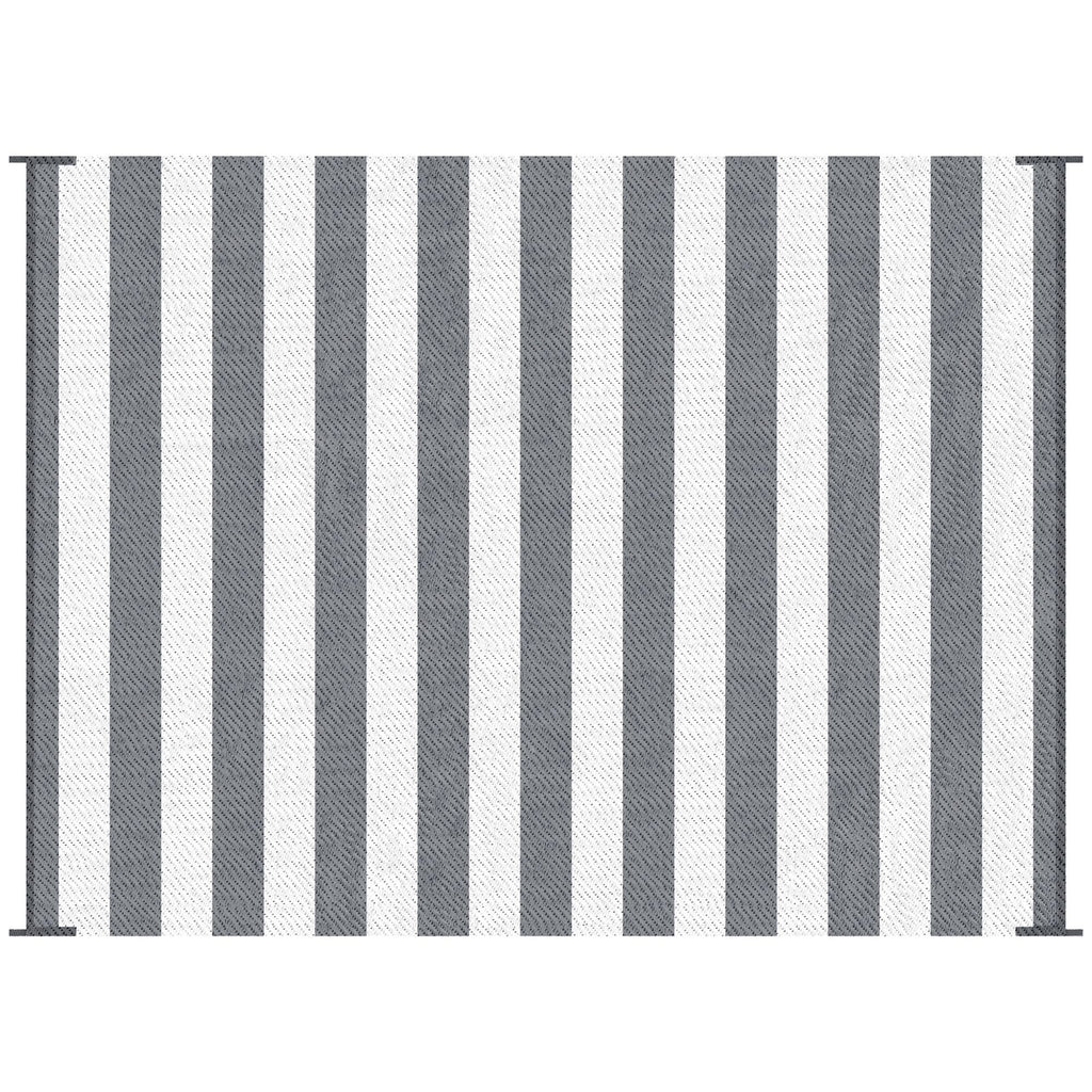 Outsunny Reversible Outdoor Rug, 9' x 12' Waterproof Plastic Straw Floor Mat, Portable RV Camping Carpet with Carry Bag, Large Floor Mat for Backyard, Deck, Picnic, Beach, Gray & White Striped